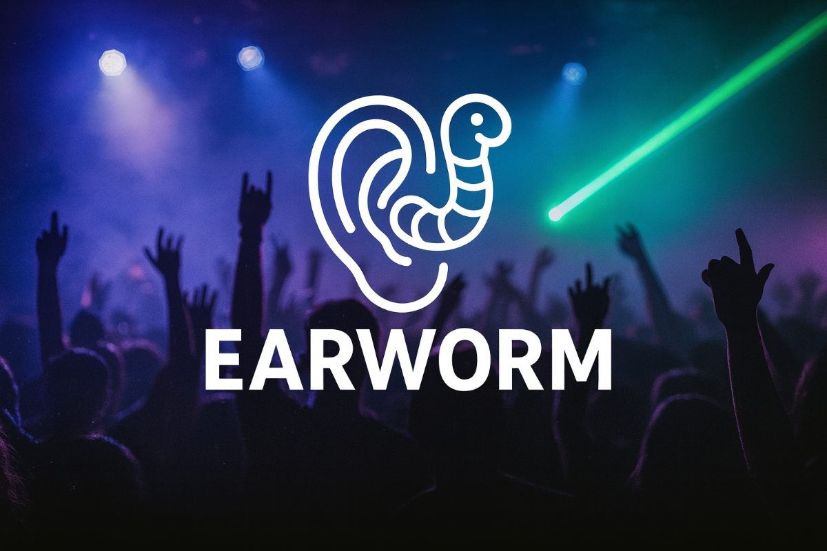 Earworm logo with a crowd at a concert in the background